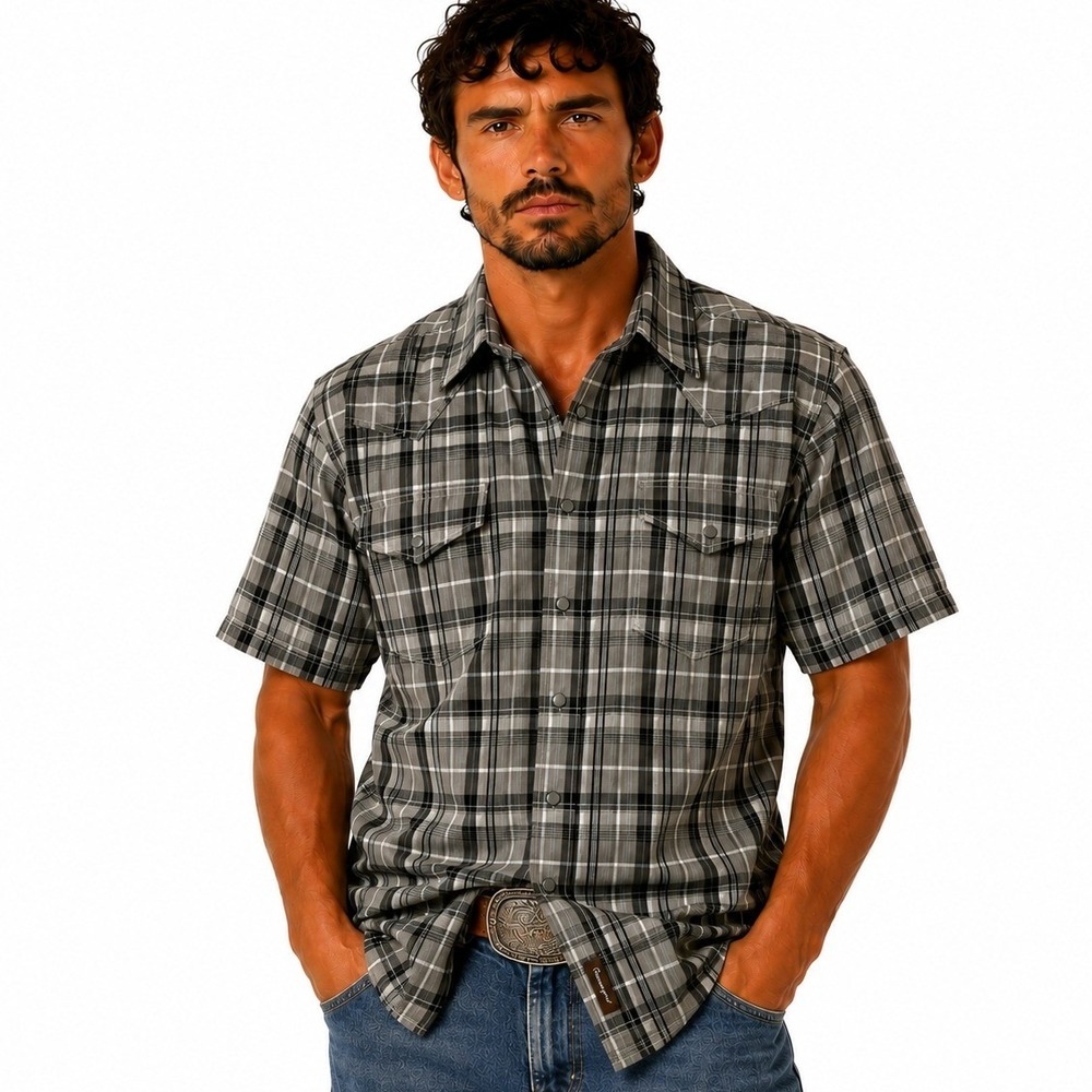 Wrangler Retro Premium Western Shirt Mens XL Grey Black Plaid Pearl Snap MVR432M